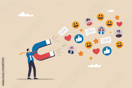 Businessman attracting customers with a magnet flat vector illustration isolated on transparent background