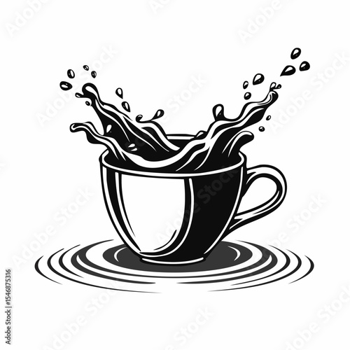 Black and white Splashes In A Coffee Mug On Water Image vector isolated on white background.
