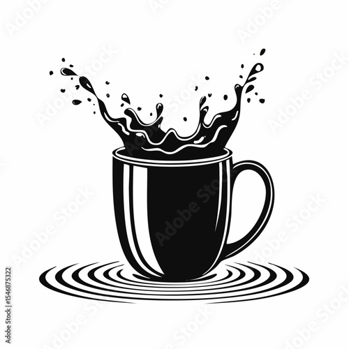 Black and white Splashes In A Coffee Mug On Water Image vector isolated on white background.