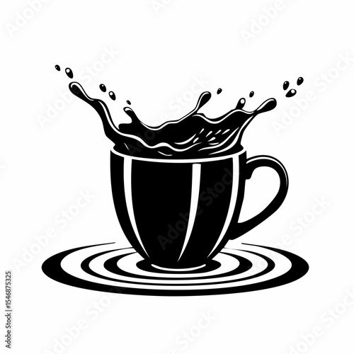 Black and white Splashes In A Coffee Mug On Water Image vector isolated on white background.