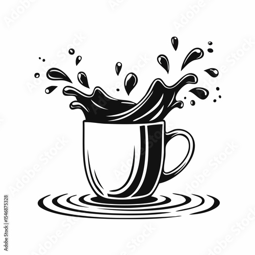 Black and white Splashes In A Coffee Mug On Water Image vector isolated on white background.