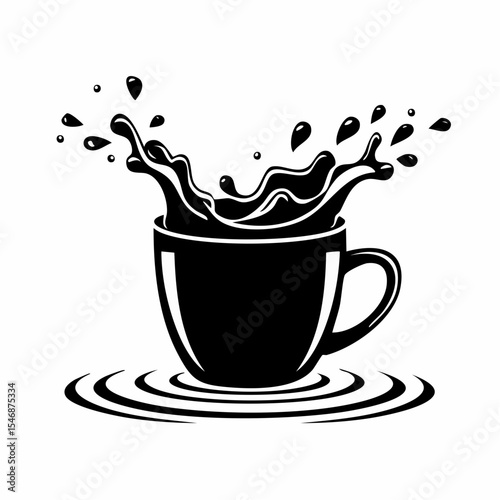 Black and white Splashes In A Coffee Mug On Water Image vector isolated on white background.
