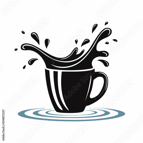 Black and white Splashes In A Coffee Mug On Water Image vector isolated on white background.