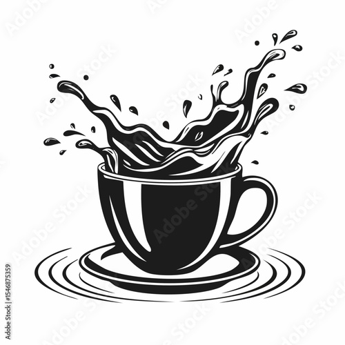 Black and white Splashes In A Coffee Mug On Water Image vector isolated on white background.