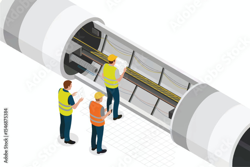 Isometric illustration of three engineers inspecting a tunnel interior isolated on transparent background