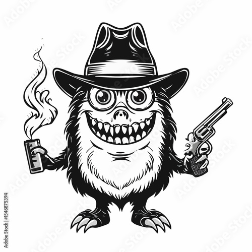 Funny Monster Wearing a Hat Holding a Gun and a Cigarette in Its Mouth