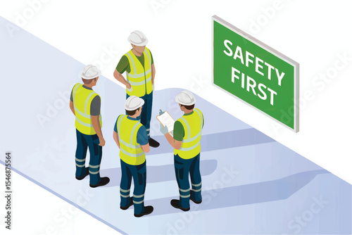Isometric illustration of construction workers in safety briefing isolated on transparent background