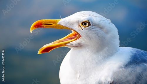 close up portrait of white seagull with wide open yellow beak the larus argentatus or the european herring gull