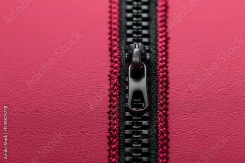 close-up of black zipper sewn into red fabric with detailed stitching