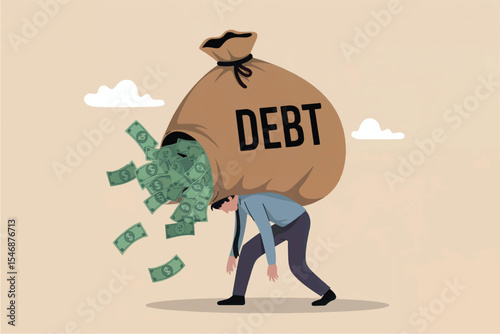 Man carrying heavy debt bag flat vector illustration isolated on transparent background