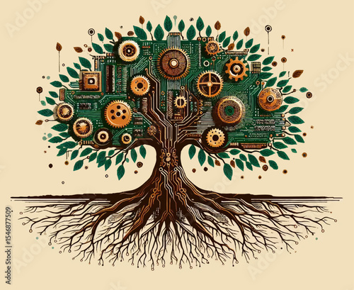 An illustration of a stylized tree in which the crown consists of microcircuits and gears, and the trunk and roots are in the form of contacts for circuits on a beige background. Vector graphics. EPS.
