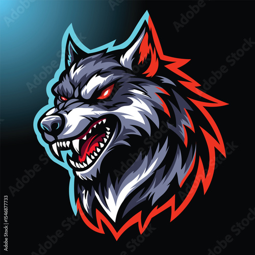 Fierce Wolf Head Illustration with Glowing Eyes and Red Mane ai generative