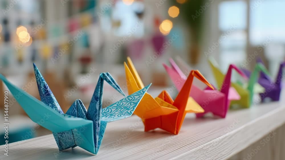 Colorful origami paper cranes arranged in a row on a white surface, with a soft bokeh background, representing creativity, art, and traditional Japanese paper folding