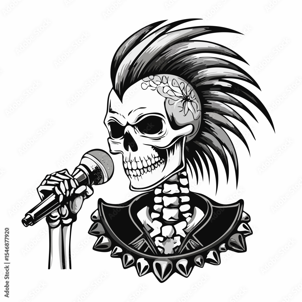 Fototapeta premium Skull punk singing and holding microphone Vector Image isolated on white background.