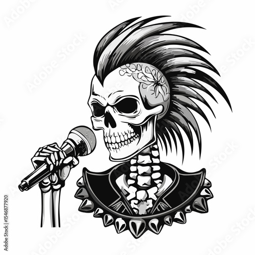 Skull punk singing and holding microphone Vector Image isolated on white background.