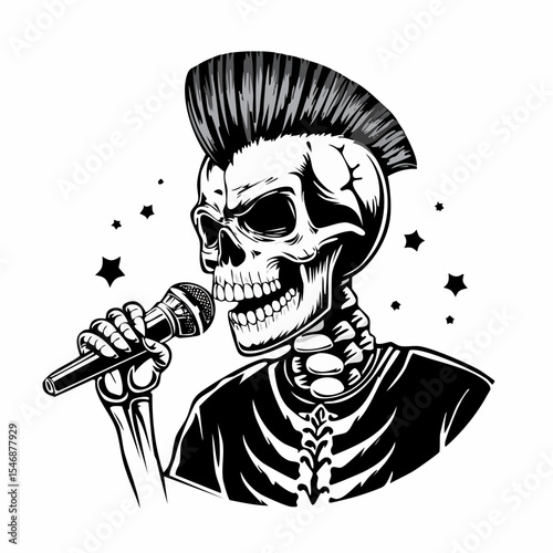Skull punk singing and holding microphone Vector Image isolated on white background.