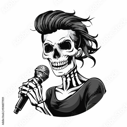 Skull punk singing and holding microphone Vector Image isolated on white background.