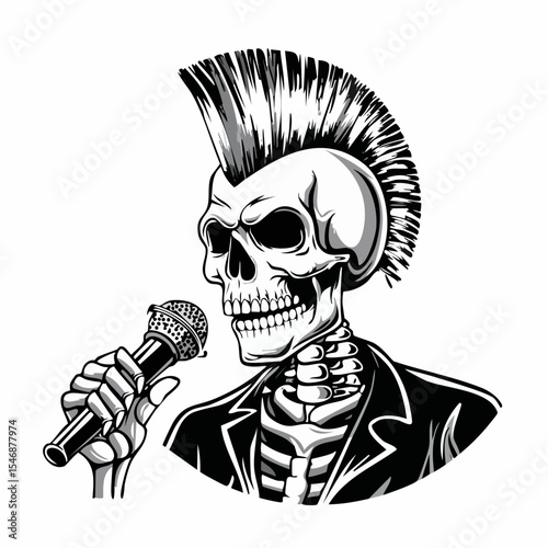 Skull punk singing and holding microphone Vector Image isolated on white background.