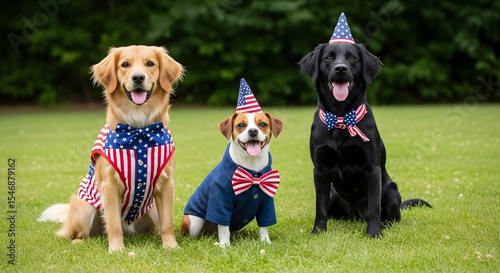 Three dogs wearing patriotic outfits and hats sitting on green grass in an outdoor setting