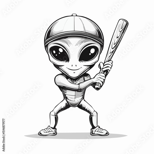 Playful Alien Playing Baseball Vector Illustration isolated on white background.