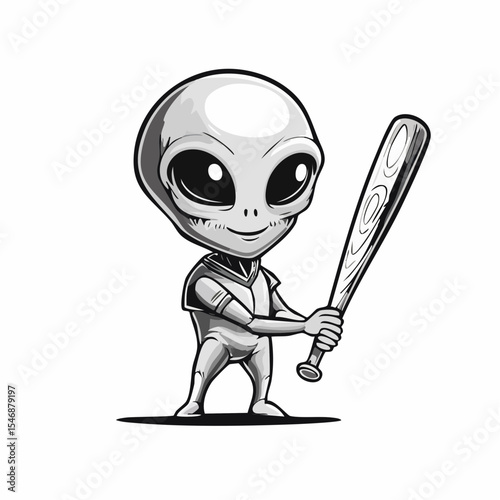 Playful Alien Playing Baseball Vector Illustration isolated on white background.