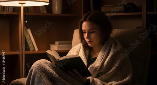 A woman reading a book under a lamp with a blanket in a dimly lit room with a bookshelf behind her