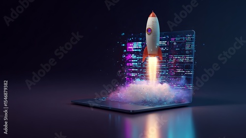 Conceptual laptop screen displaying a rocket launch, symbolizing innovative tech startup