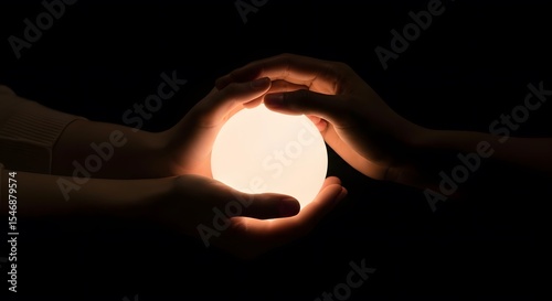 Hands cupping a glowing orb in the dark creating a mysterious and magical atmosphere with soft light