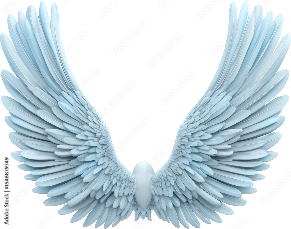 Obraz premium Pale Blue Angel Wings Isolated on White Background, Symbolizing Freedom and Spirituality