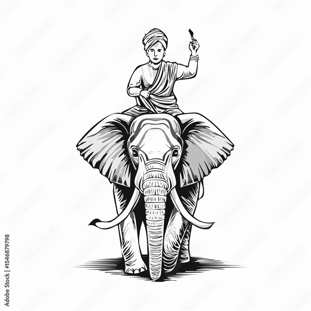 Obraz premium Indian Man Riding Elephant Vector Illustration isolated on white background