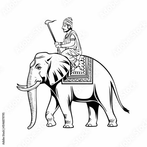 Indian Man Riding Elephant Vector Illustration isolated on white background