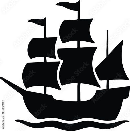Silhouette Ship sailing on sea black vector illustration
