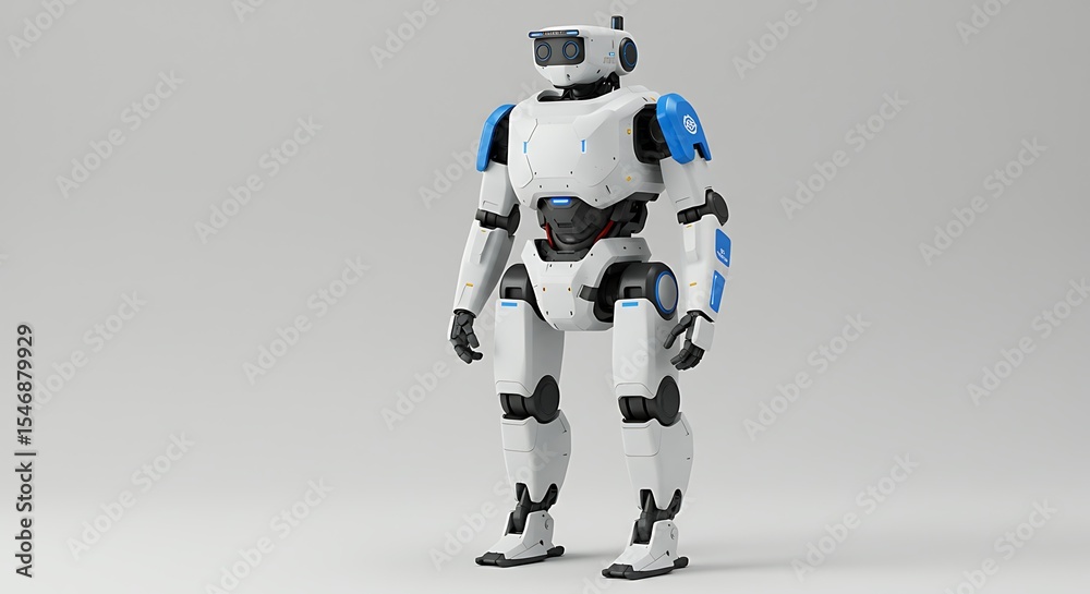 Fototapeta premium A futuristic robot standing against a light grey background. 