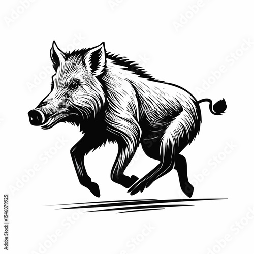 Running wild boar black and white Vector Image isolated on white background.