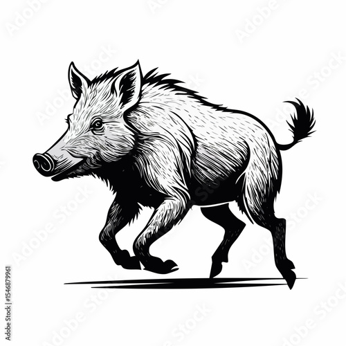 Running wild boar black and white Vector Image isolated on white background.