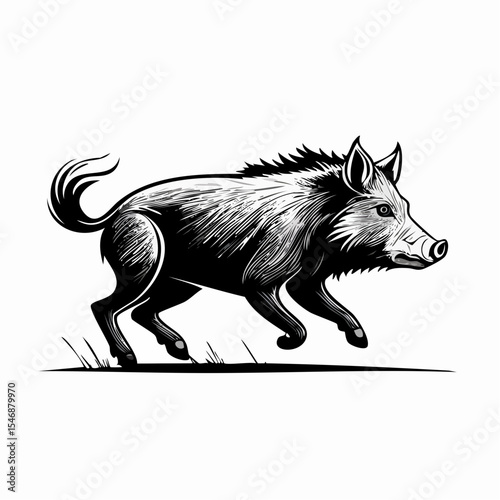 Running wild boar black and white Vector Image isolated on white background.