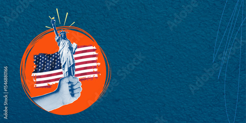 Trendy halftone pop art collage. Independence day of USA. Fourth of July. Patriotism power concept. Hand holding statue of liberty, queen on american flag background