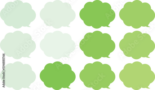 All the bubbles have a distinctive, rounded, cloud-like, or scalloped edge design. This vector image features twelve speech bubbles