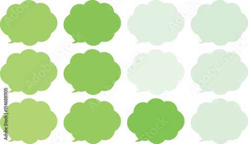 All the bubbles have a distinctive, rounded, cloud-like, or scalloped edge design. This vector image features twelve speech bubbles