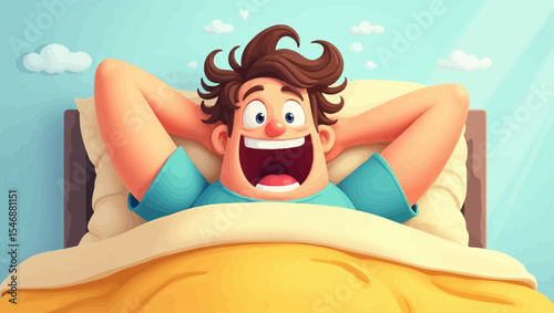 Cheerful cartoon man waking up in bed with a big happy smile and sunny background.