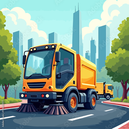  Modern city street sweeper truck cleaning urban roads with a green city background.
