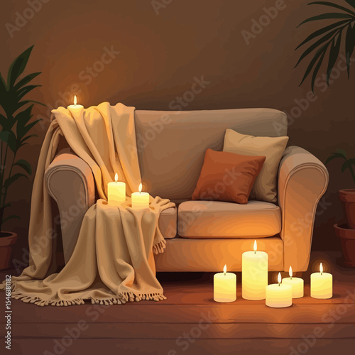 Armchair with cozy blanket and candles creating a warm, inviting corner.