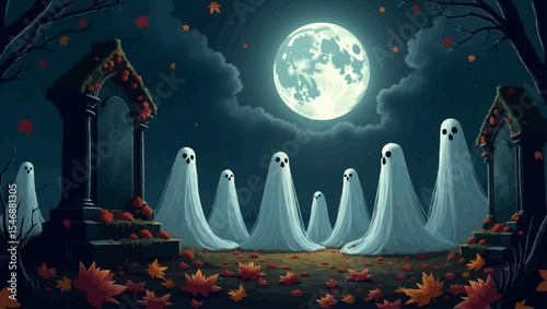 Spooky graveyard scene with cute ghosts, full moon, tombstones, and autumn leaves for Halloween themed designs.