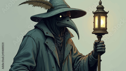 Dark and dramatic vector of plague doctor holding lantern, symbolizing mystery, history, and gothic fantasy.