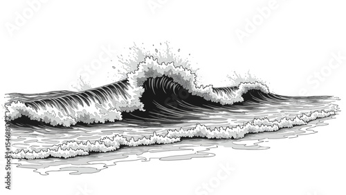 Black and white vector illustration of an ocean wave, perfect for surf, nature, or maritime themed designs.