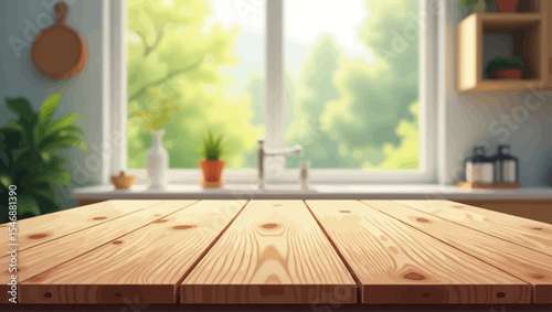Wooden kitchen counter with blurred green garden view, perfect for product mockups and kitchen design presentations.