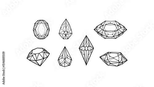 Minimal black outline set of geometric crystal and gemstone shapes on white background.