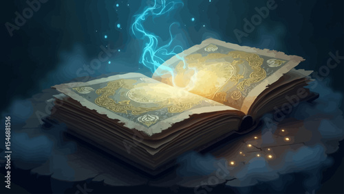 Old enchanted spellbook with glowing pages, surrounded by mystical smoke and magical sparkles in the dark.