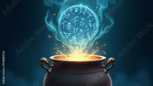 Enchanted magic cauldron emitting blue mystical runes and glowing symbols above a bubbling potion.