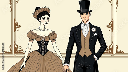 Elegant Victorian couple dressed in vintage evening attire, standing side by side in a classic royal ballroom background.